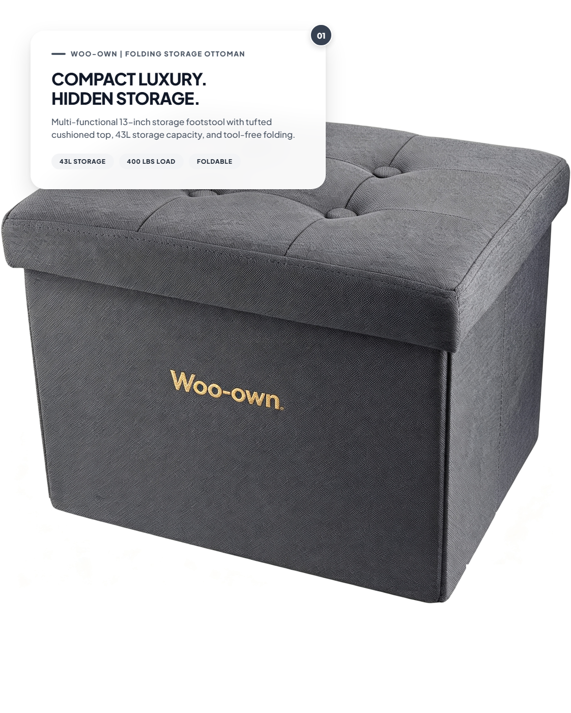 Woo-Own™ Folding Storage Ottoman Footstool with Button-Tufted Cushion (13" Cube)